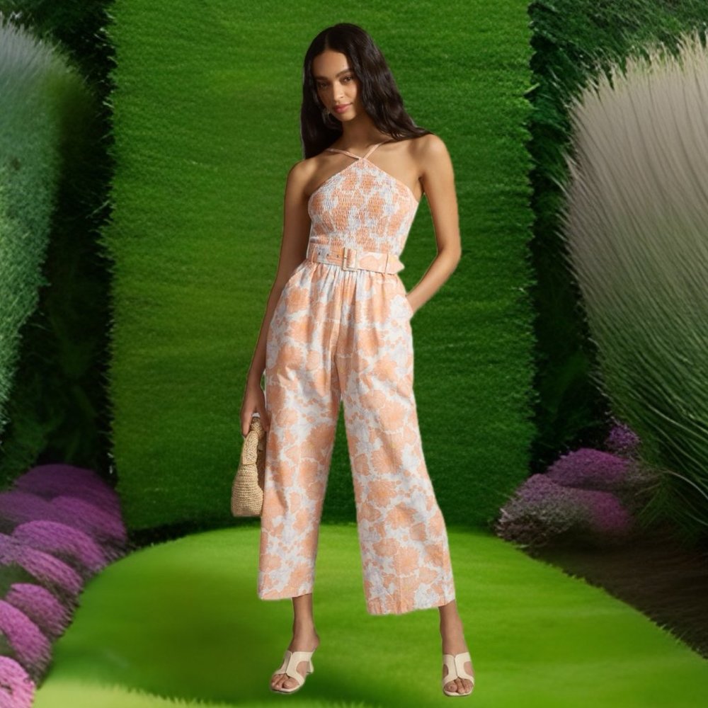 Anthropologie Peach and White Printed Halter Jumpsuit NWOT